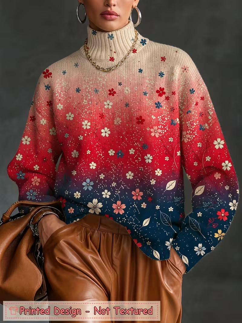 여성용 터틀넥 티셔츠, 그라데이션 플로럴 프린트, 긴팔 - Winter Clothing For Women 리뷰 및 가격